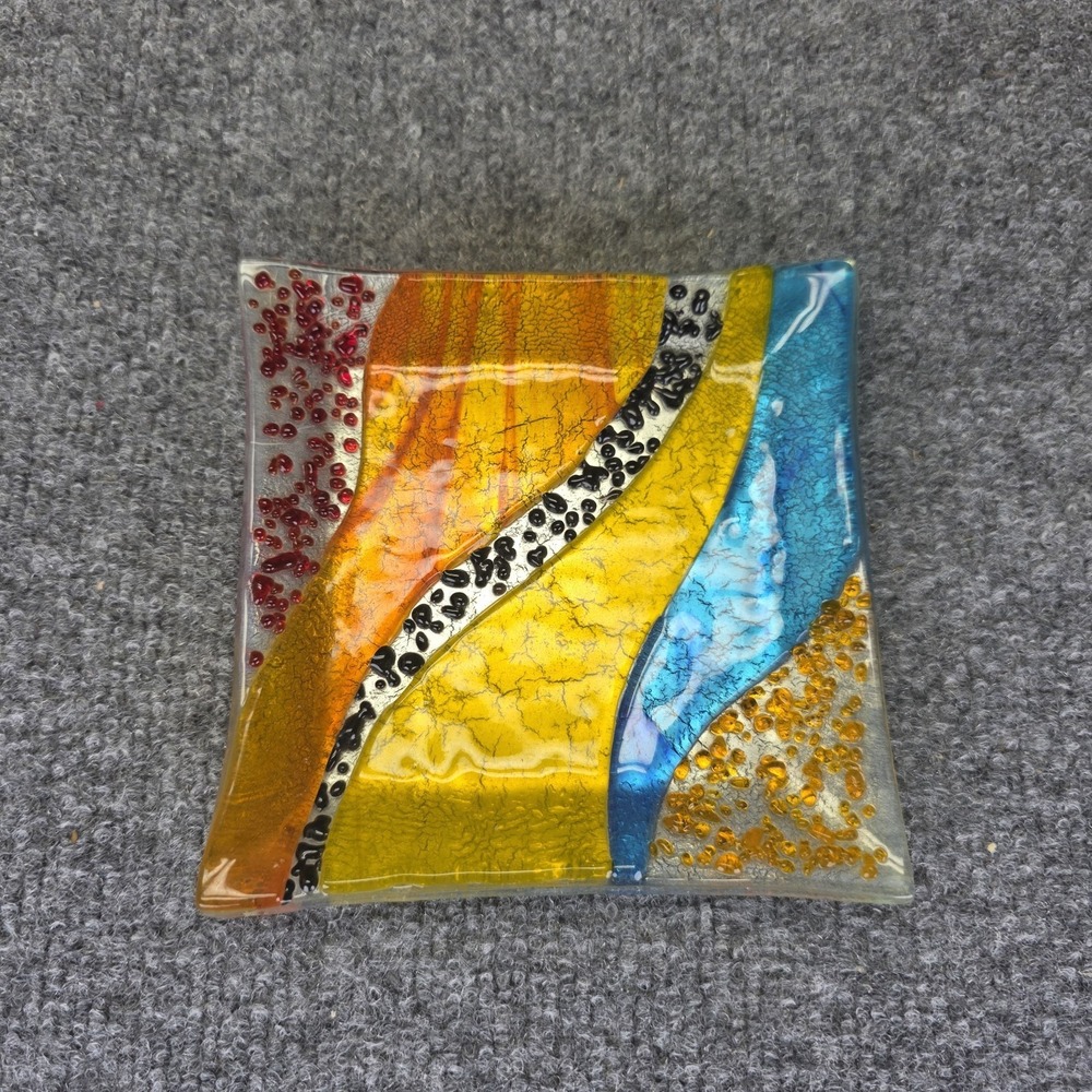 Vintage MCM Fused Art Glass Square Ashtray/Trinket Dish Brilliant Warm Colors